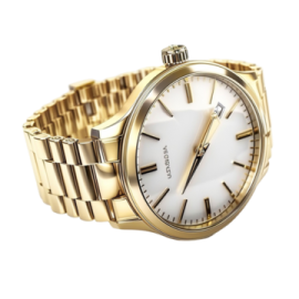 a gold wrist watch with a white dial
