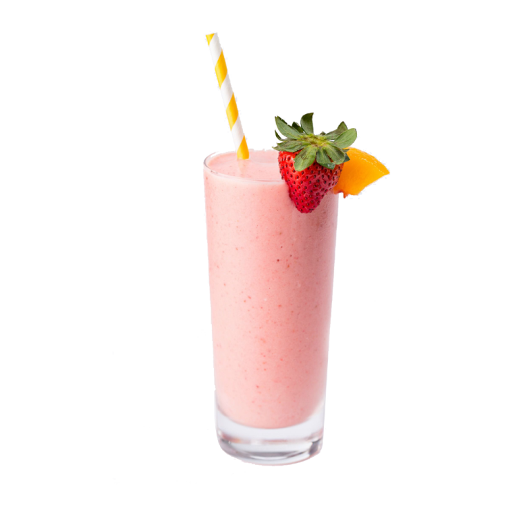 a glass filled with fruit and a straw