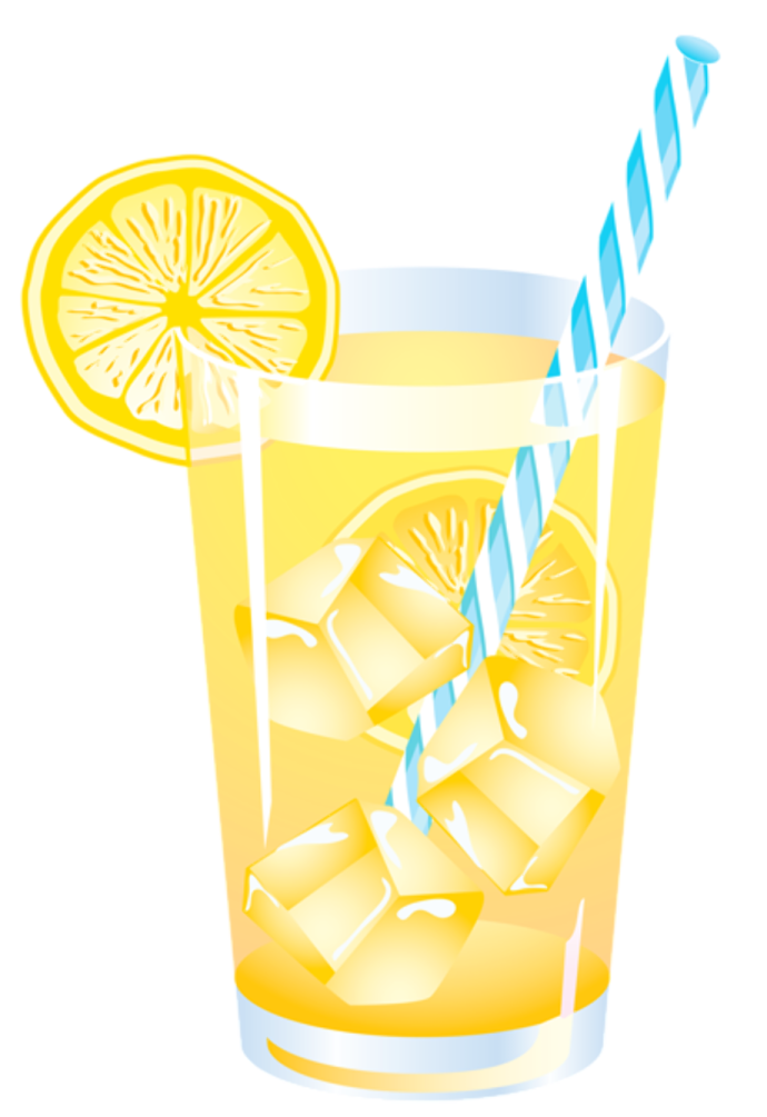 a glass of orange juice with ice and lemon slices