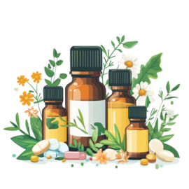 a bottle of essential oil surrounded by flowers and herbs