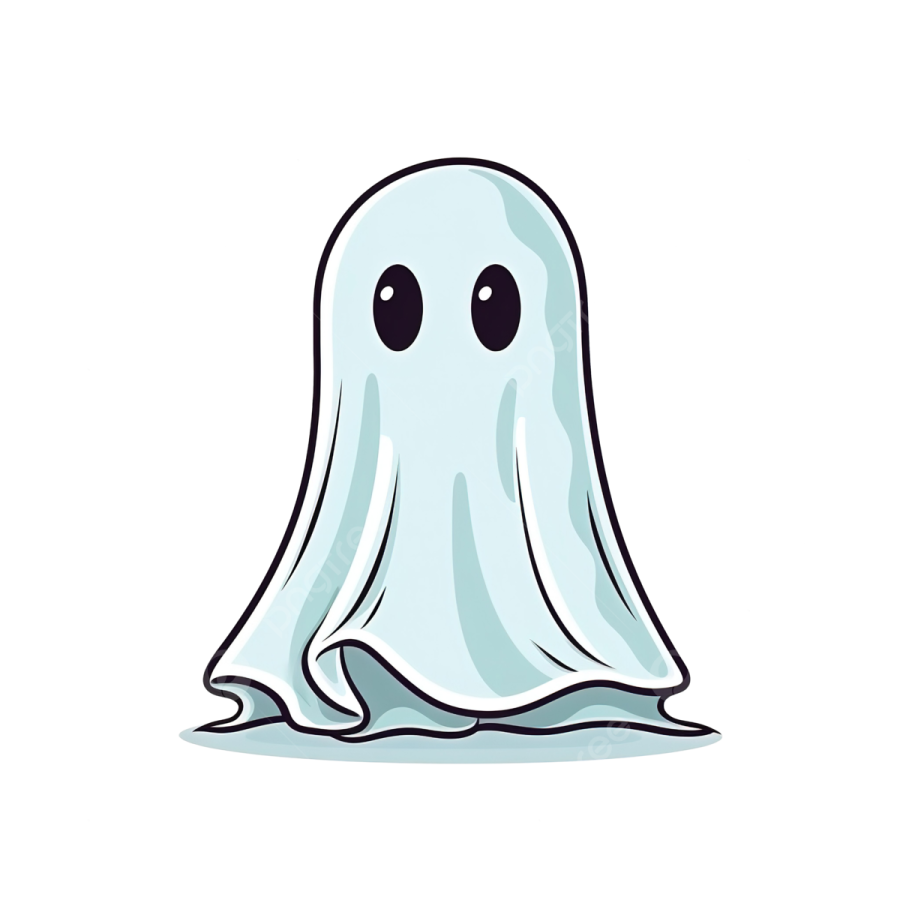 a white ghost with black eyes and a black nose