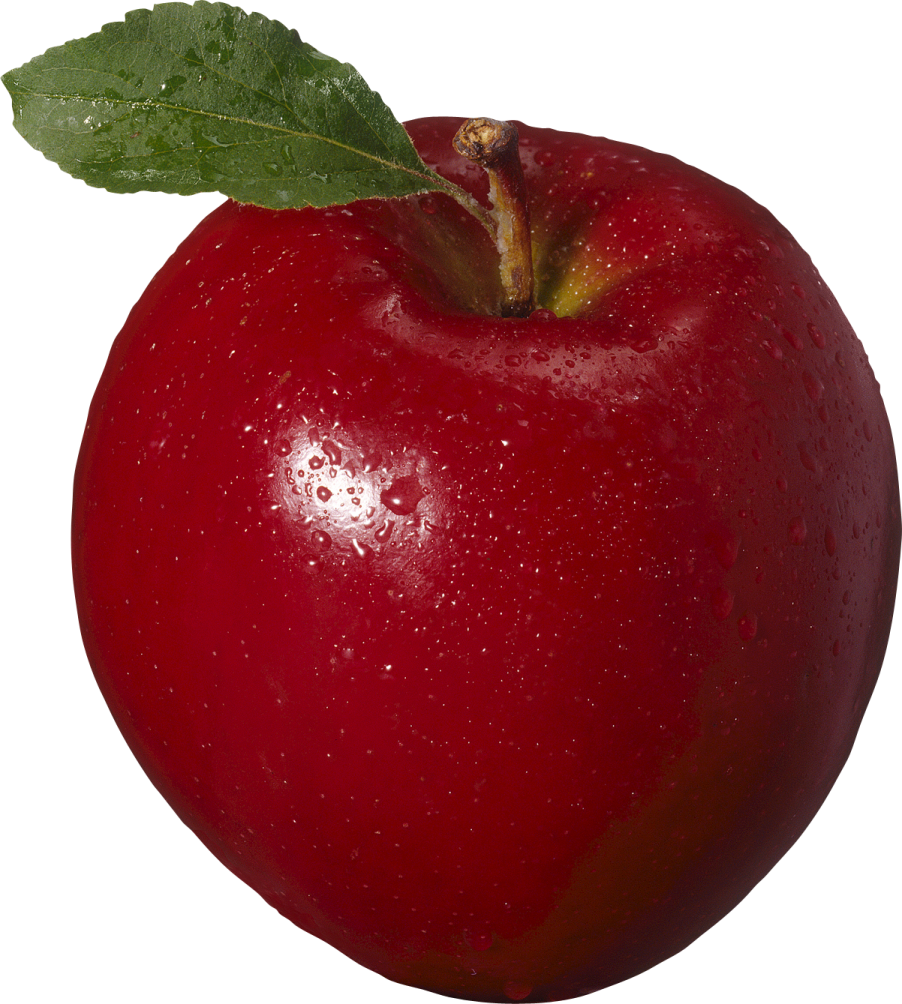 a red apple with a leaf on it