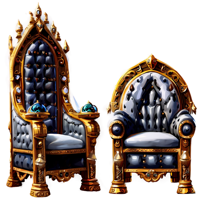 two chairs with gold trim and blue upholing