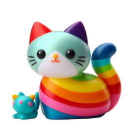 a small toy with a rainbow colored cat on it