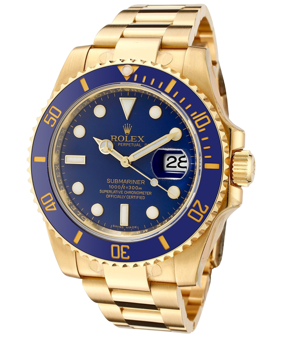 a gold watch with blue dial