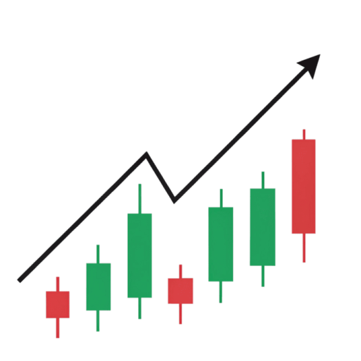 a green and red chart with an arrow pointing up