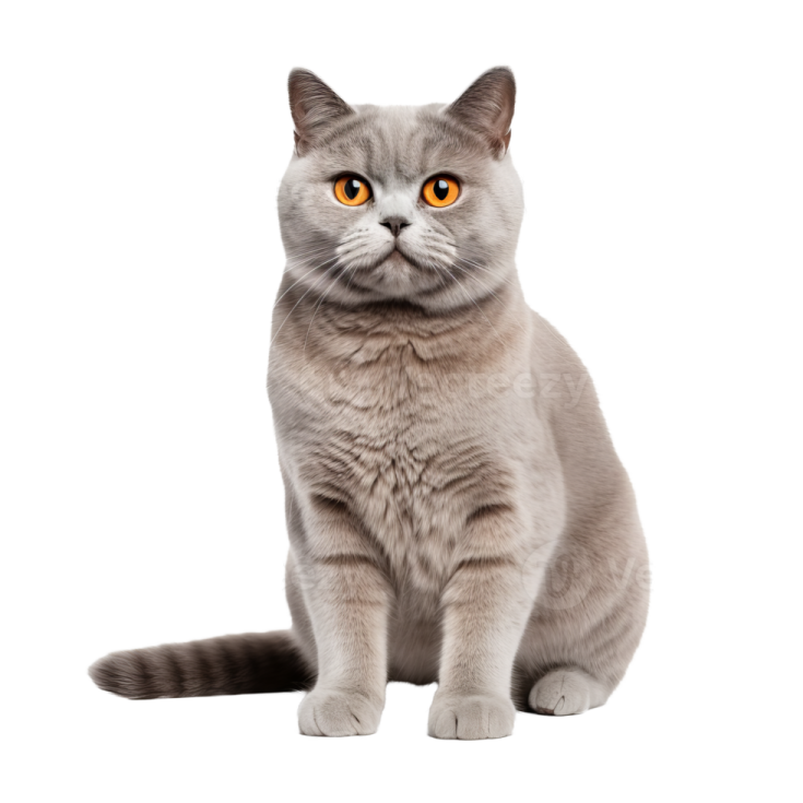 a grey cat sitting down and looking at the camera