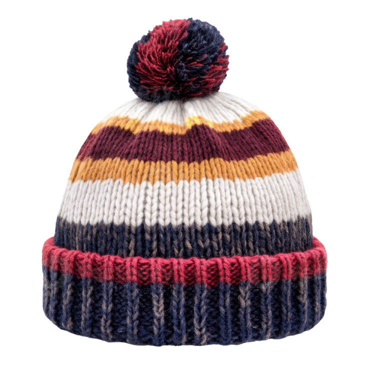 a knitted beanie hat with multi stripes