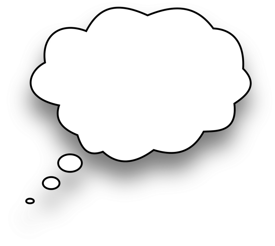 a black and white thought bubble on a white background