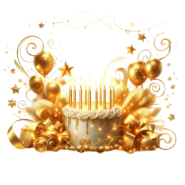 a golden birthday cake with candles and stars