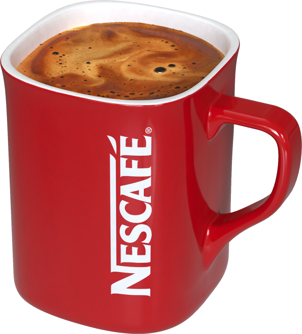 a red coffee mug with the word nes on it