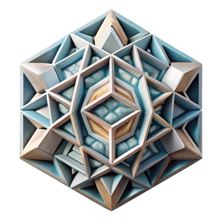 a blue and white cube with geometric shapes