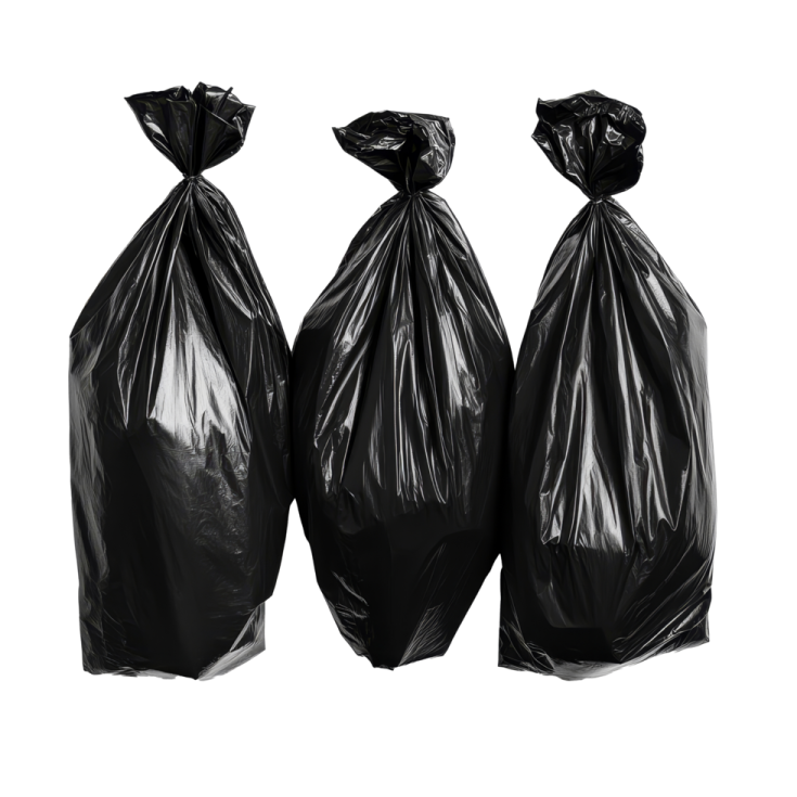 three black trash bags on white background