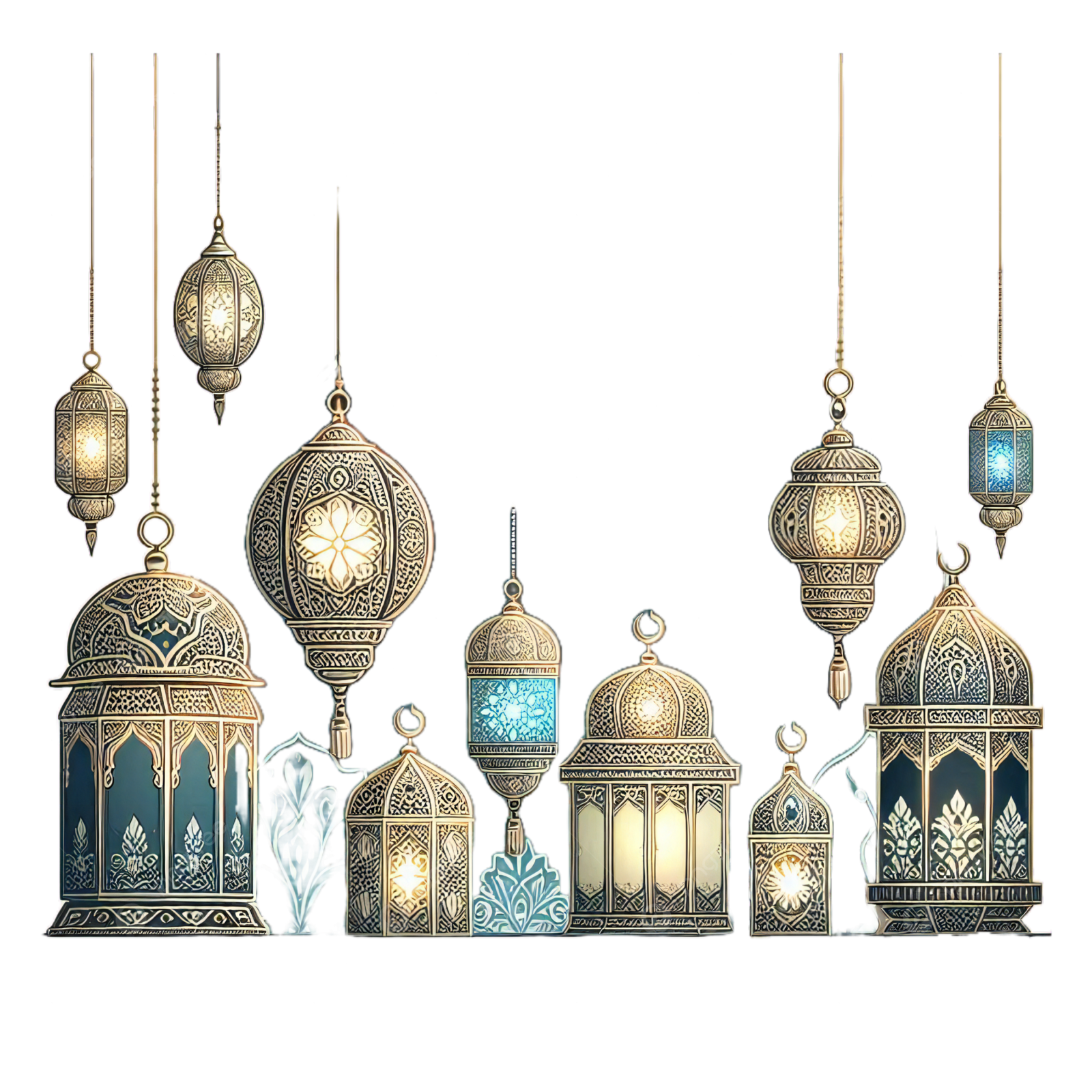 a set of arabic lanterns hanging from the ceiling