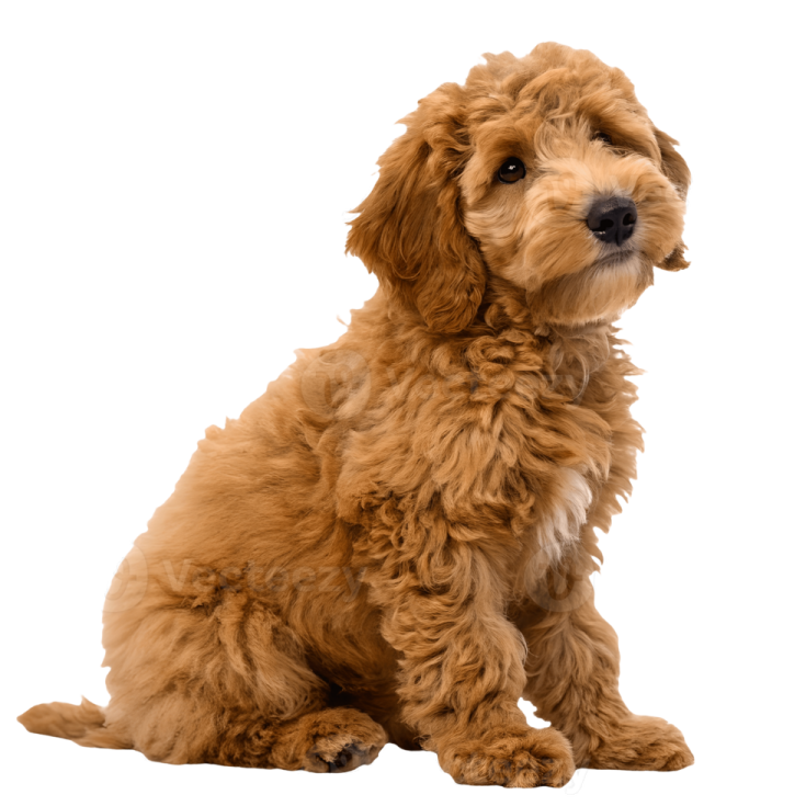 a small brown dog sitting on a white background