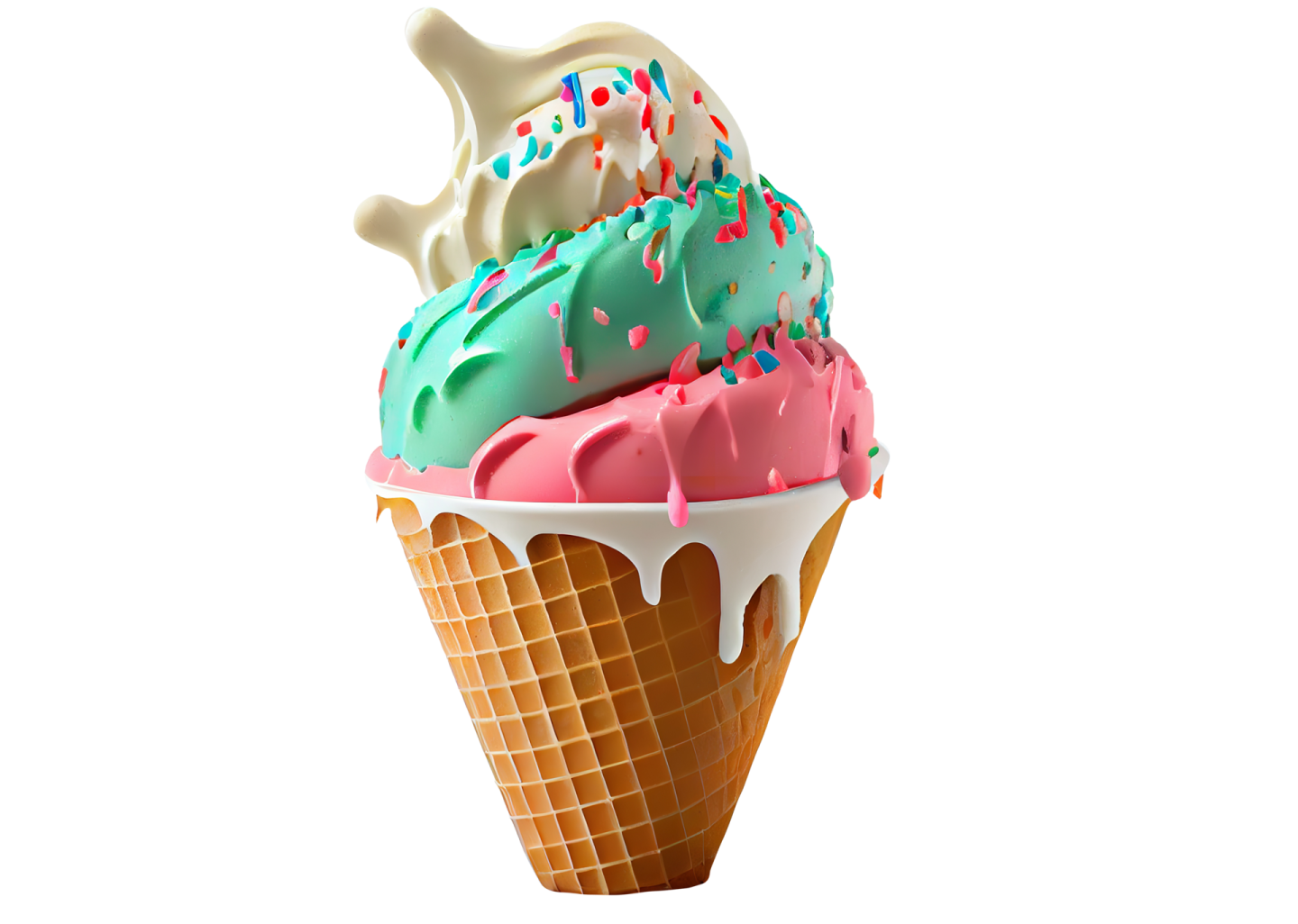 an ice cream cone filled with colorful ice cream on a white background stock photo