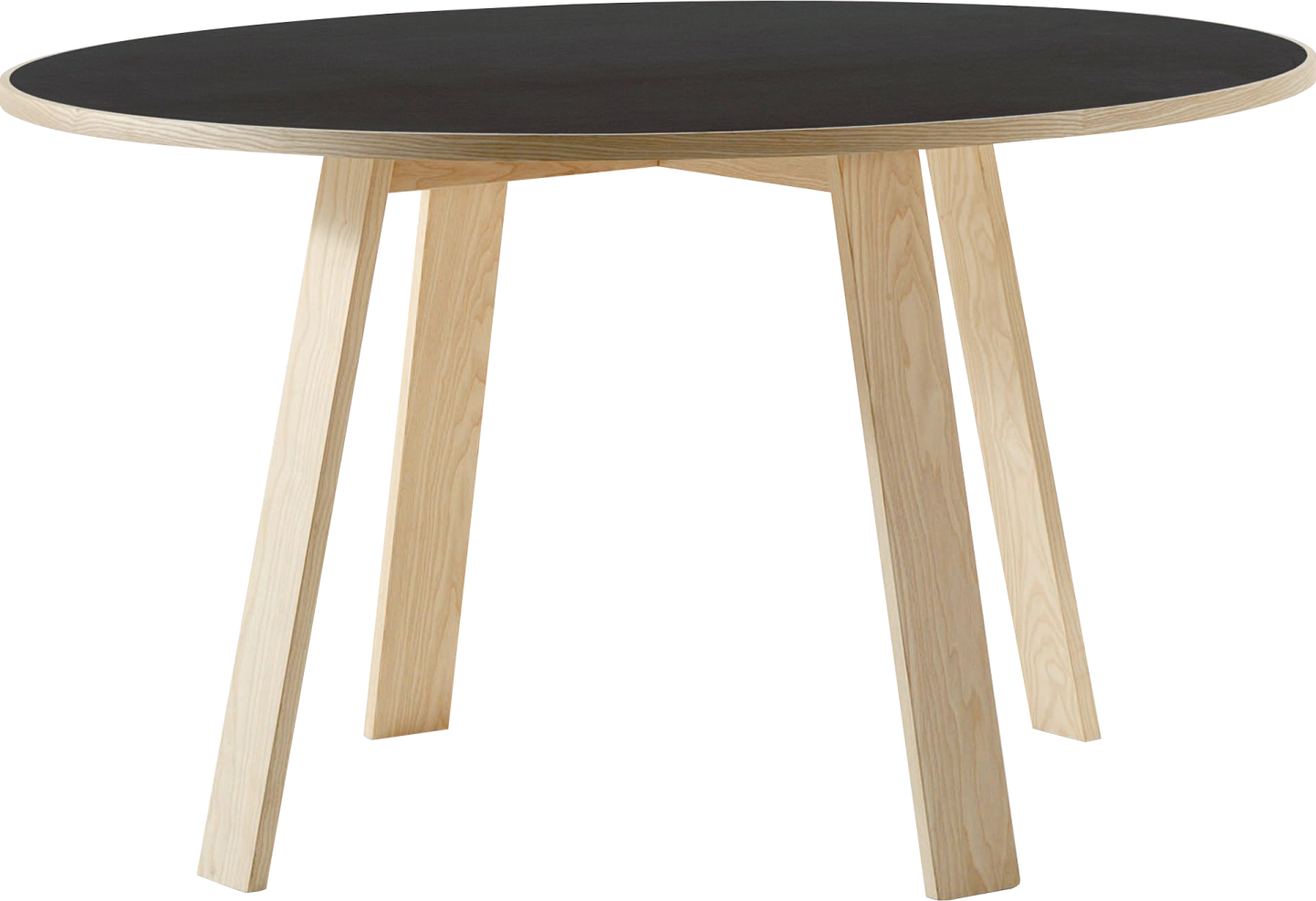 a round table with black top and wooden legs