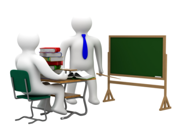two people sitting at a desk in front of a blackboard
