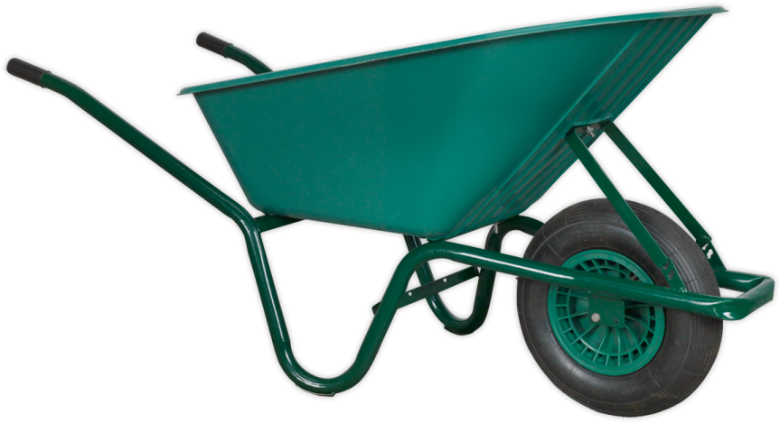 a green wheelbart with black wheels
