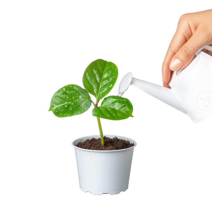 a person watering a plant with a watering hose
