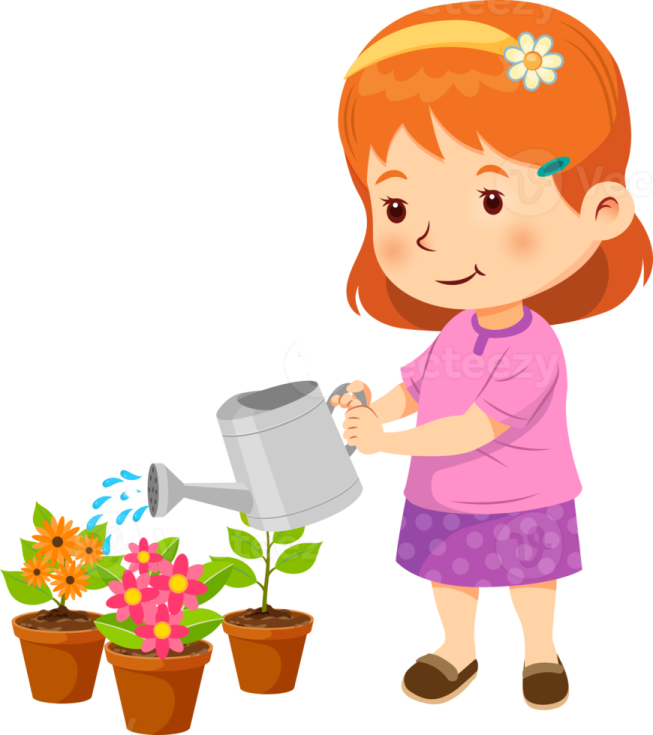 a little girl watering flowers
