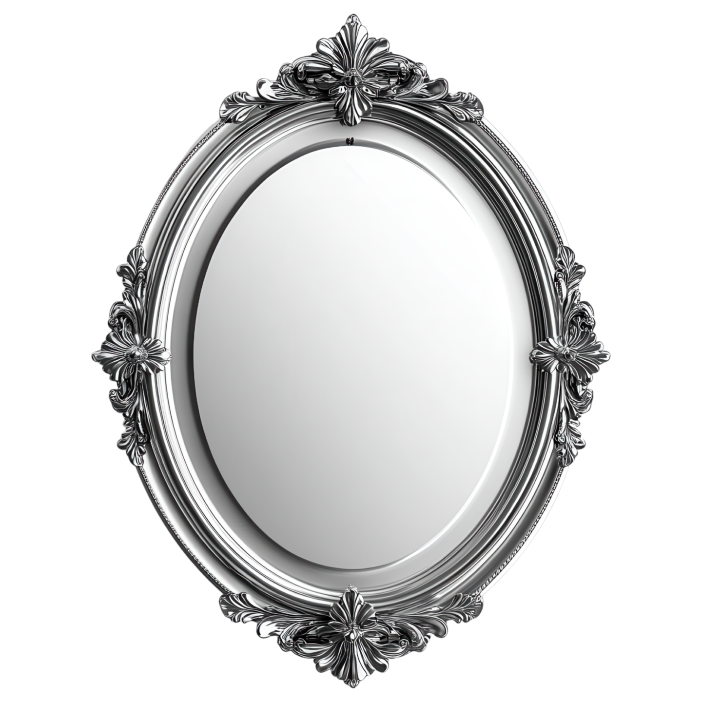 a silver oval mirror on a white background