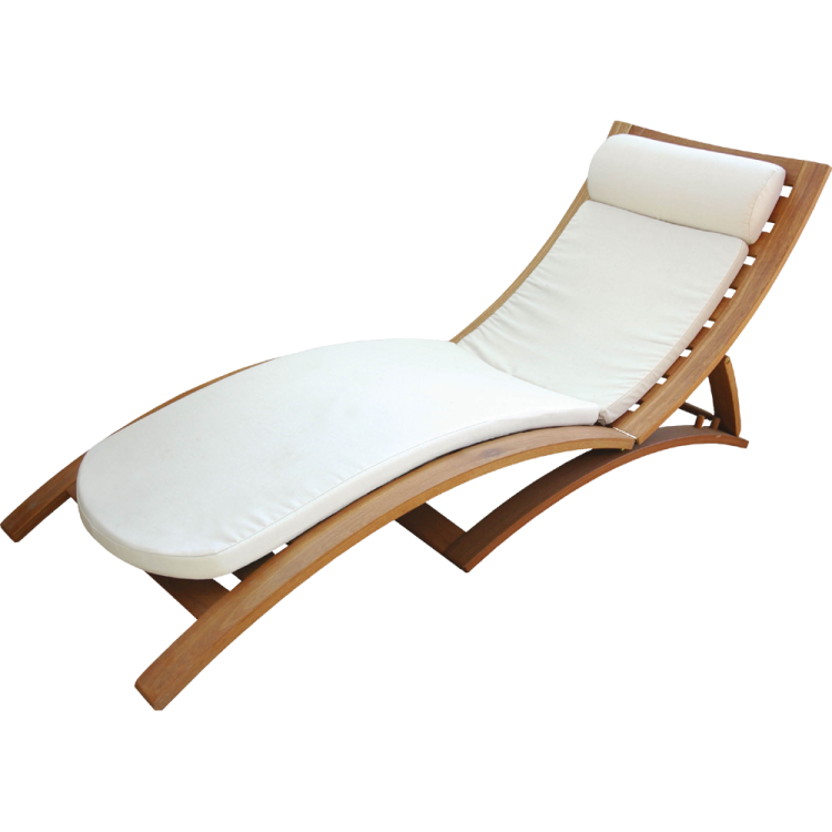 a wooden lounge chair with white cushions