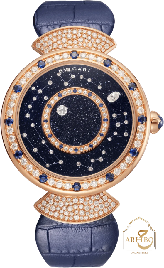 a watch with blue leather straps and diamonds