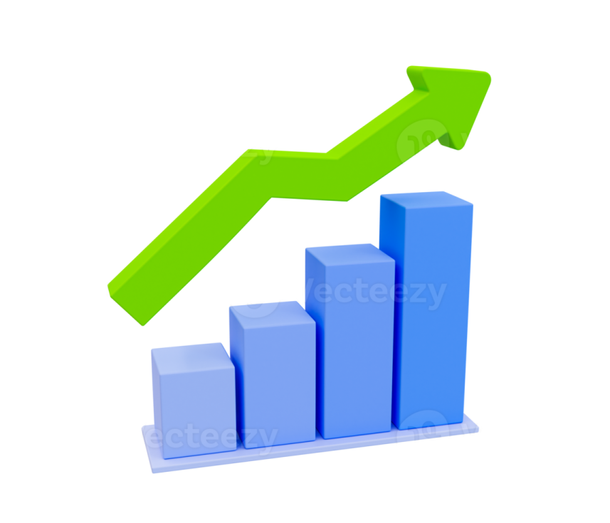 a blue and green bar chart with an arrow pointing up