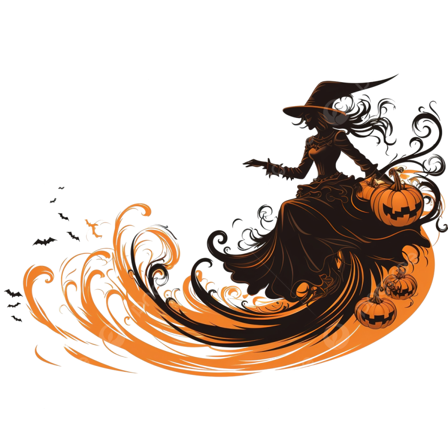 a silhouette of a witch sitting on a pumpkin