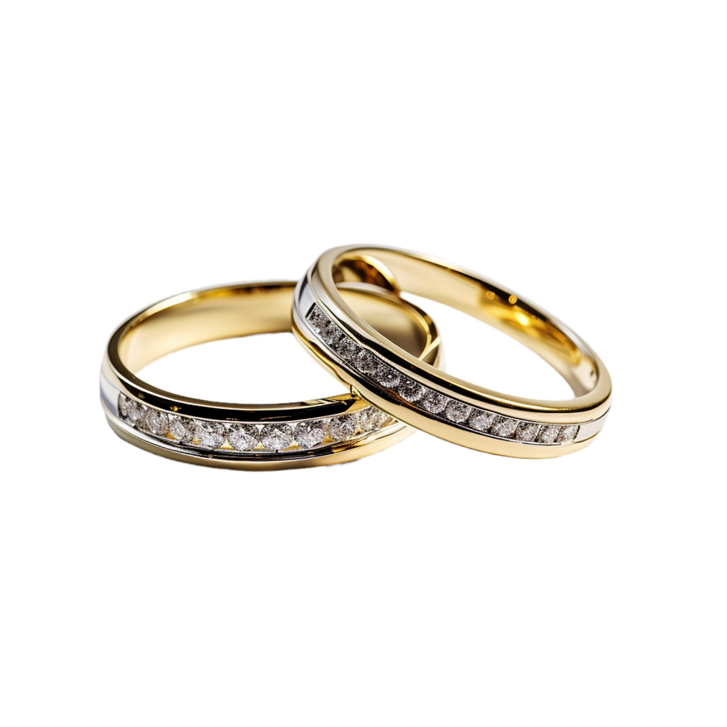 two gold wedding rings with diamonds