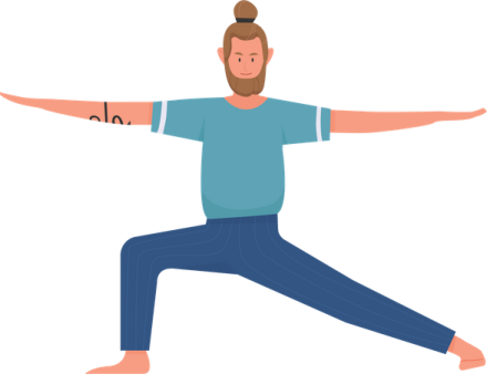 a man in a blue shirt is doing yoga