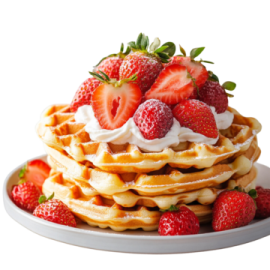 a plate of pancakes with strawberries and whipped cream