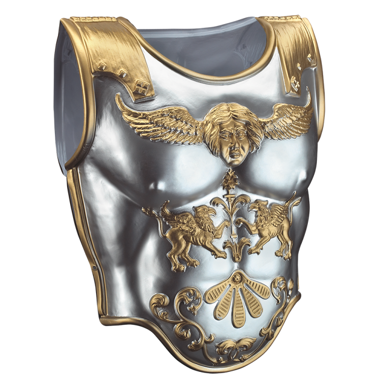 a silver and gold armor with two winged eagles