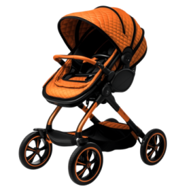 a stroller with an orange and black color scheme