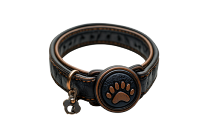 a brown leather dog collar with a paw on it