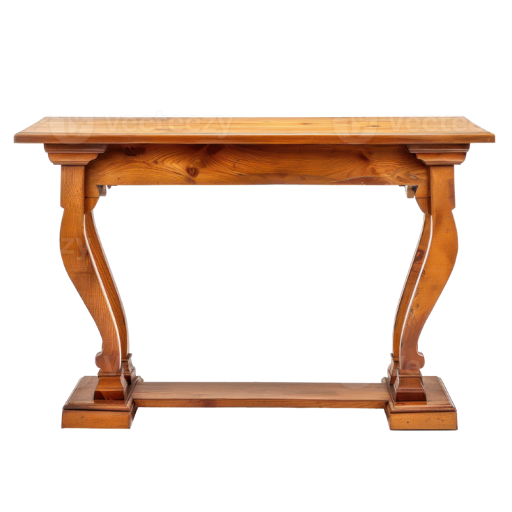 a small wooden table on a white background
