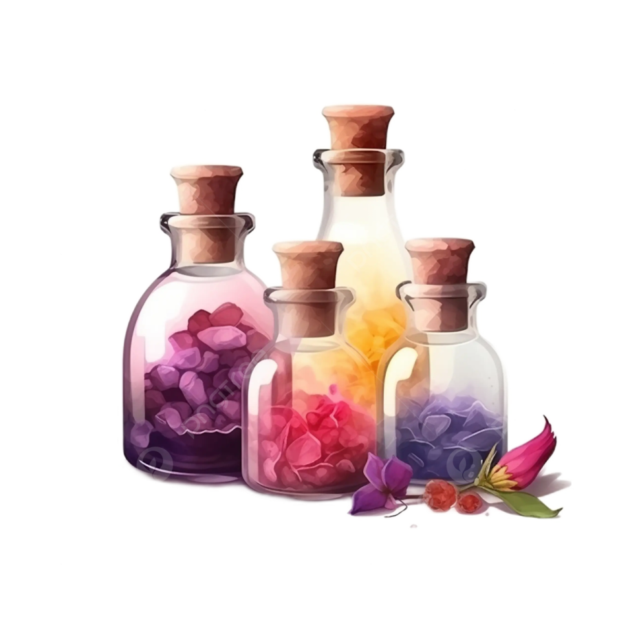 three glass bottles filled with flowers and leaves