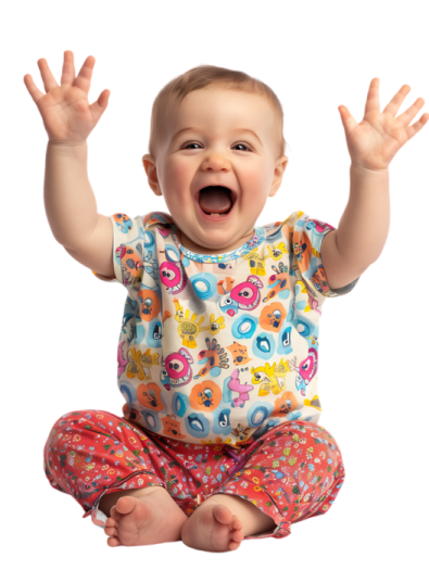 a baby sitting on the floor with her hands up