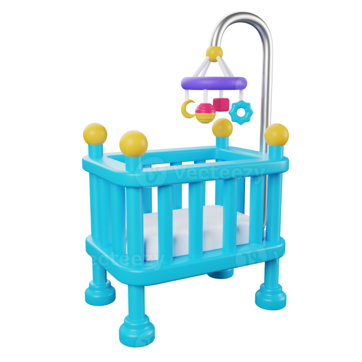 a blue baby cribt with a toy in it
