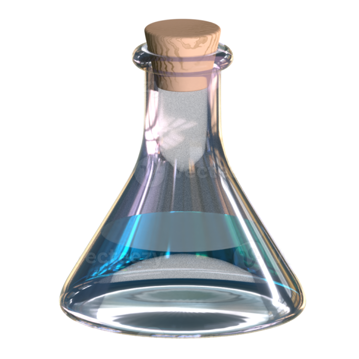 a glass flask filled with blue liquid
