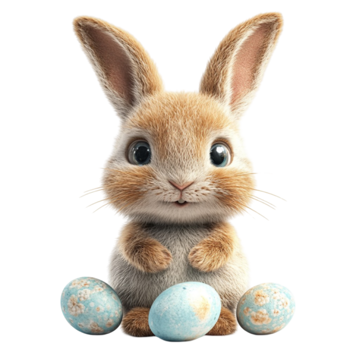 a small rabbit sitting next to two eggs