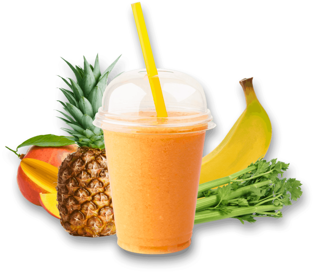 a glass of fruit and a banana next to it