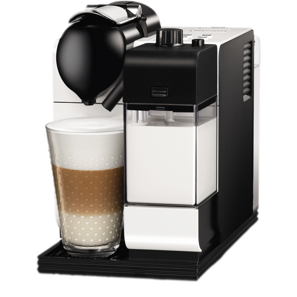 a black and white coffee machine next to a cup