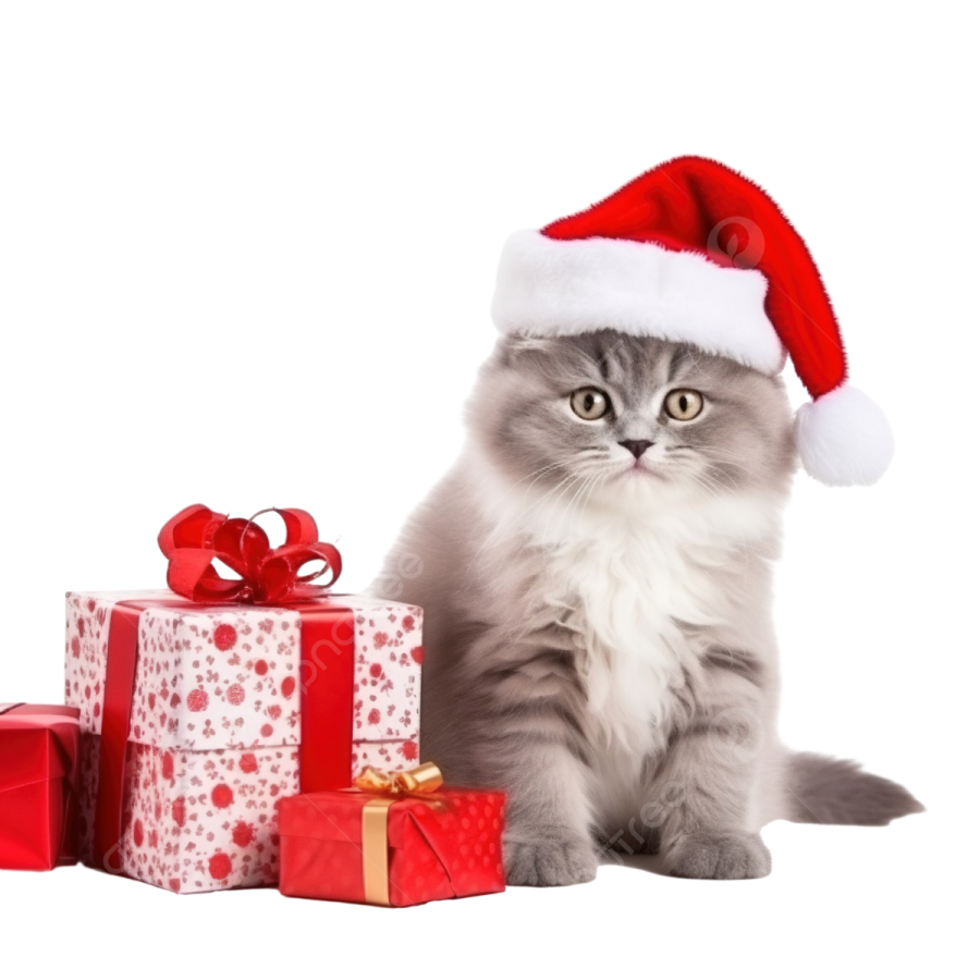 a cat wearing a santa hat next to presents