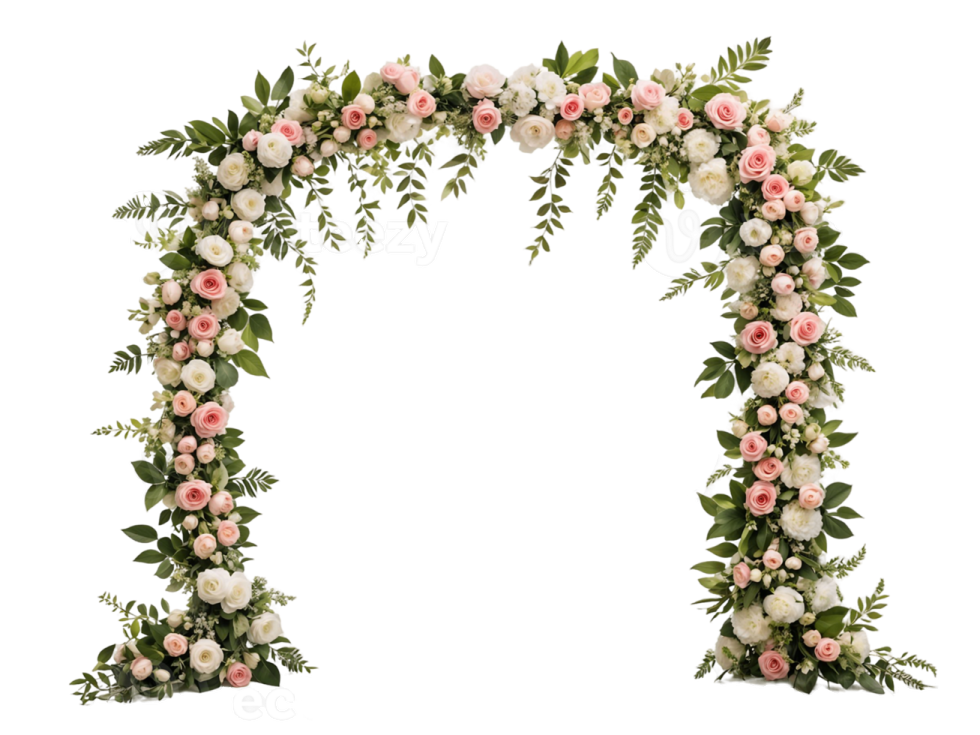 a floral arch with pink and white flowers
