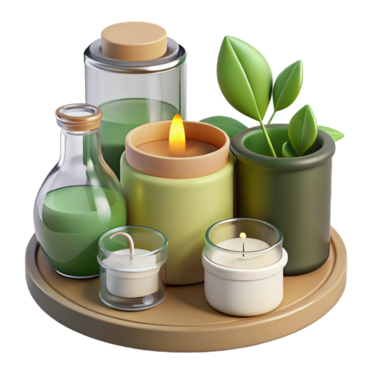 a set of candles and bottles on a tray