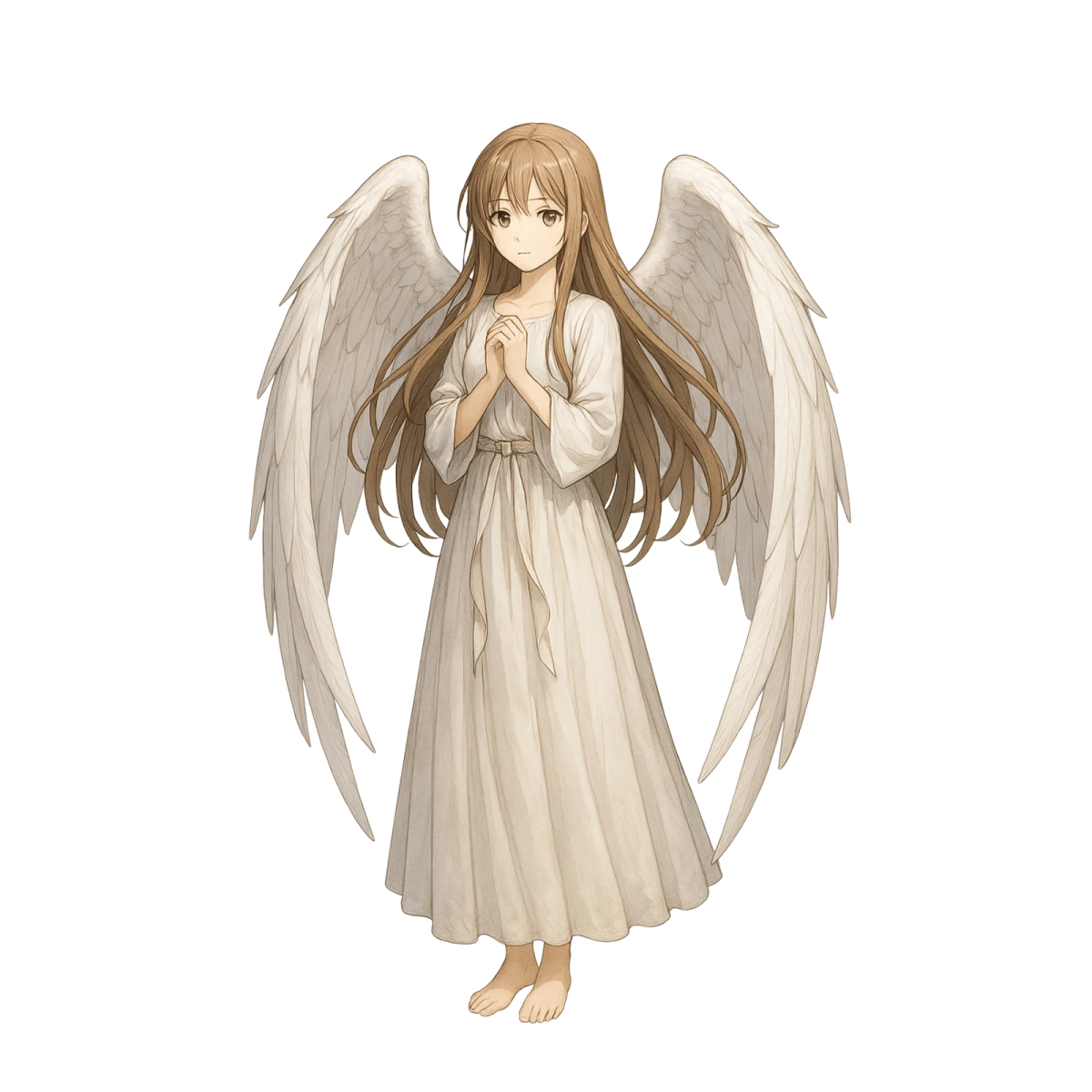 an angel with long brown hair and white wings