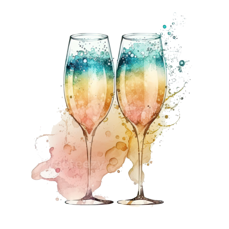 two glasses of champagne with watercolor splashs