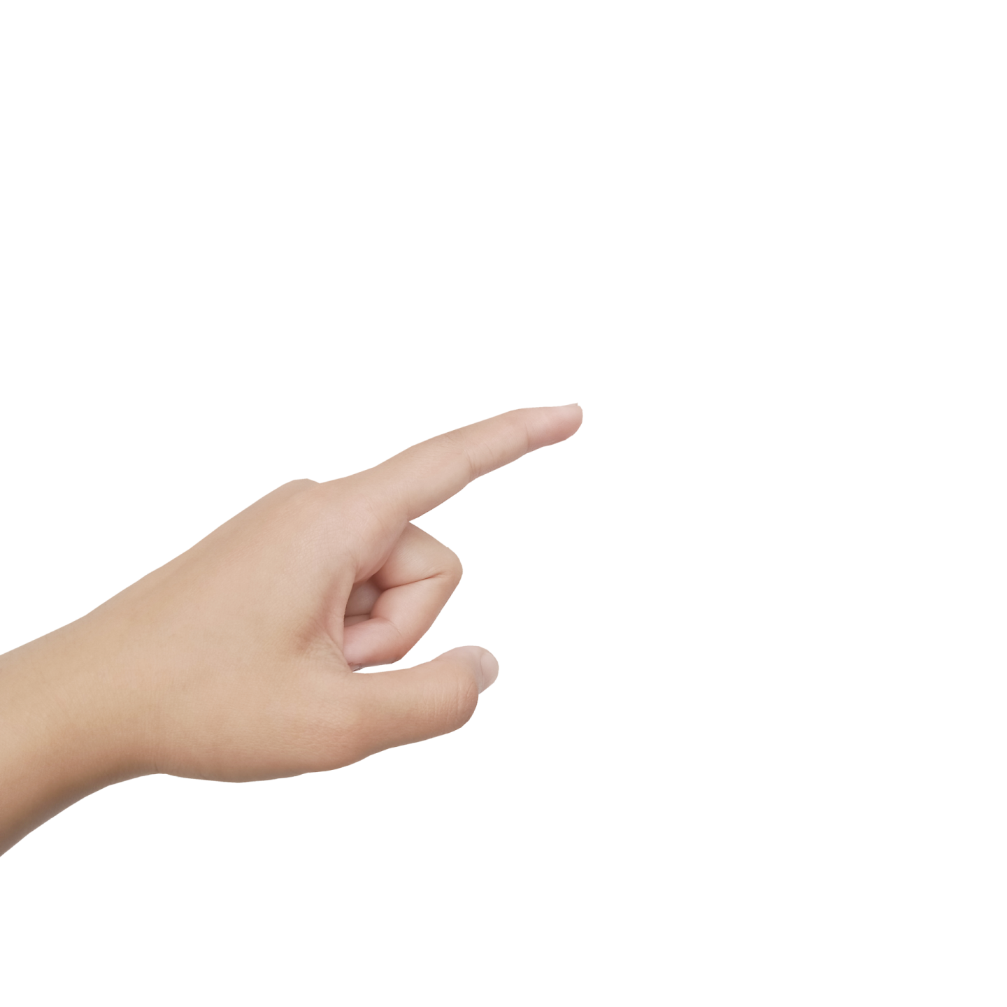 a hand pointing at something on a white background
